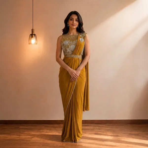 Mustard_Yellow_Lycra_Embellished_Pre-Draped_Saree_Gown_For_Women
