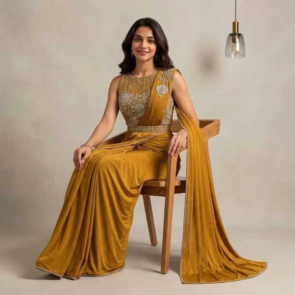 Mustard_Yellow_Lycra_Embellished_Pre-Draped_Saree_Gown_For_Women