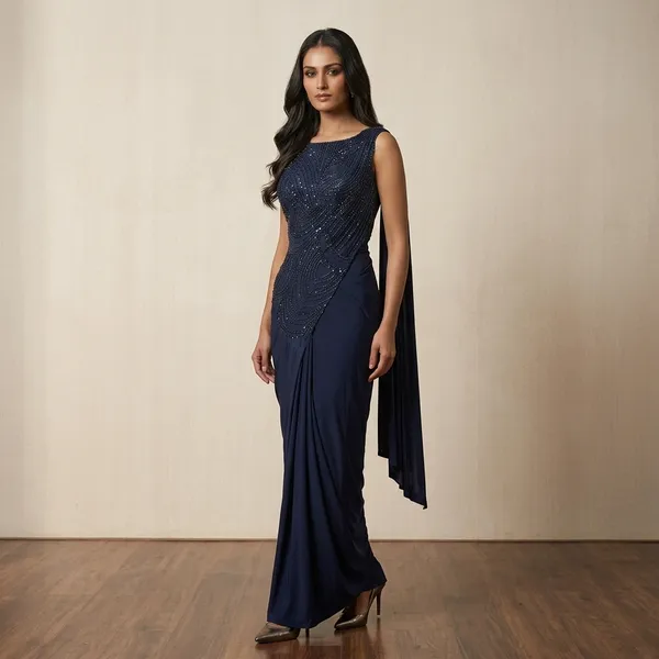 Navy_Blue_Lycra_Sequin_Embellished_Draped_Saree_Gown_For_Women
