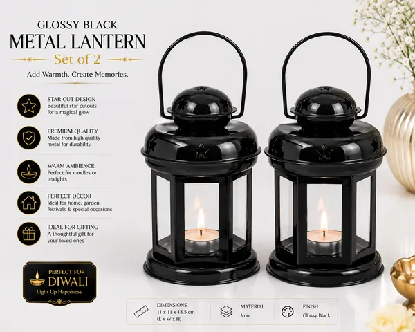 StarGlow_Set_of_2_Black_Iron_Lanterns_with_Star_Cutouts_|_Glossy_Metal_Candle_Holders_for_Home,_Diwali_&_Festive_Decor