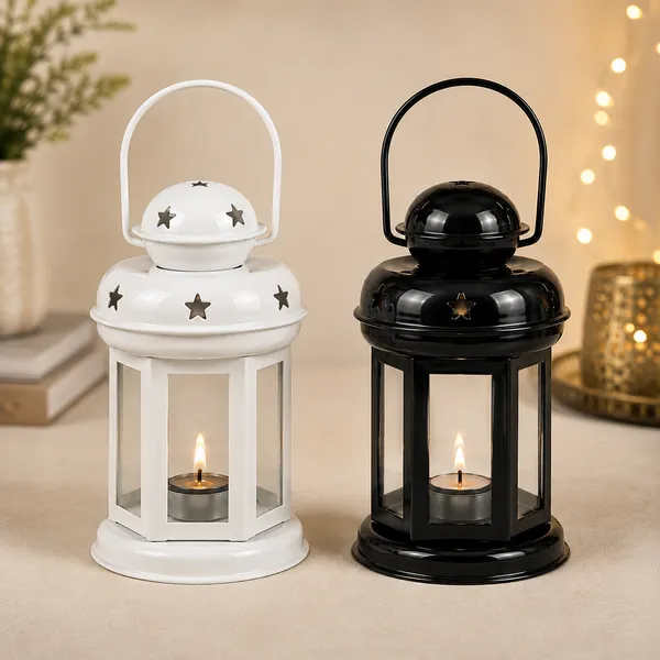 StarGlow_Set_of_2_Metal_Lanterns_–_1_Black_&_1_White_|_25_cm_Star_Cutout_Tealight_Candle_Holders_with_Glass_Panels