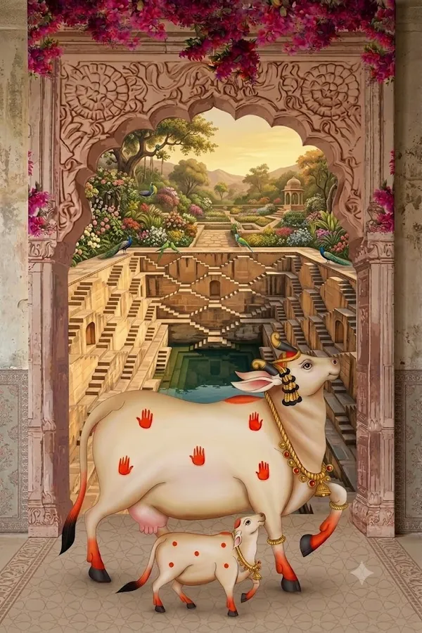 Decorative_Cow_And_Calf_Figurine_Set_With_Floral_Arch_Design