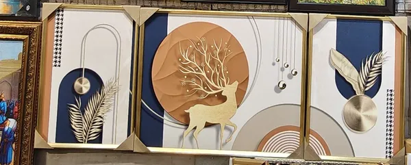 Three_Panel_Navy_And_Gold_Abstract_Wall_Art_Set_With_Deer_Motif