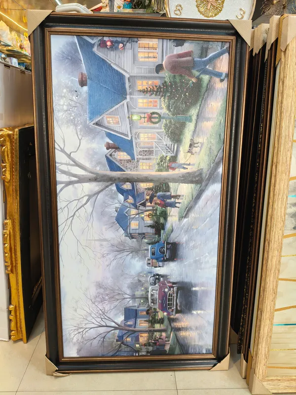 Framed_Winter_Village_Scene_Print_Wall_Art_With_Golden_Accents