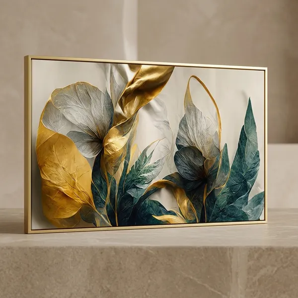 Gold_And_Teal_Abstract_Leaf_Canvas_Wall_Art_With_Frame