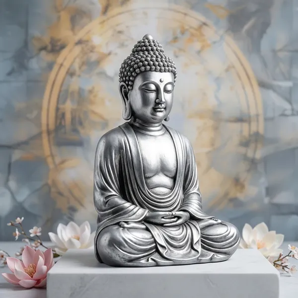 Metallic_Silver_Buddha_Statue_With_Floral_Background