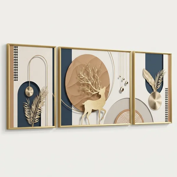 Three_Panel_Navy_And_Gold_Abstract_Wall_Art_Set_With_Deer_Motif