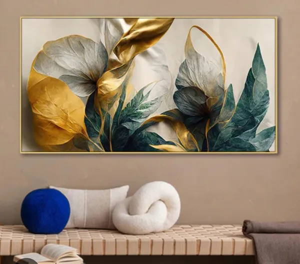 Gold_And_Teal_Abstract_Leaf_Canvas_Wall_Art_With_Frame