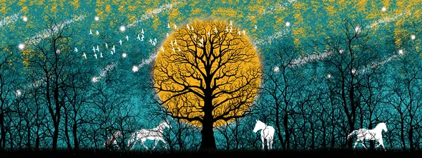 Artistic_Tree_And_Horses_Panoramic_Wall_Art_Print