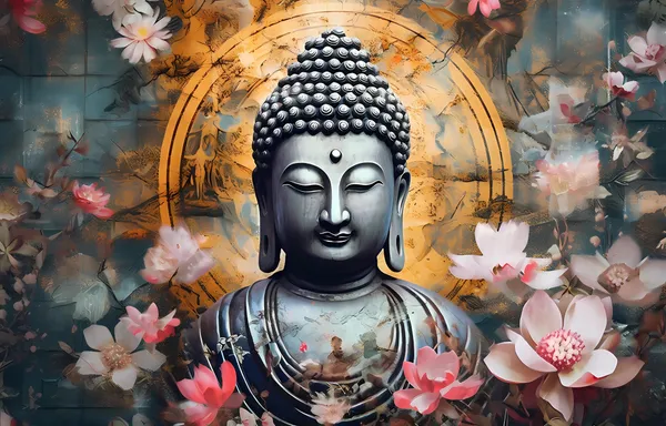 Metallic_Silver_Buddha_Statue_With_Floral_Background