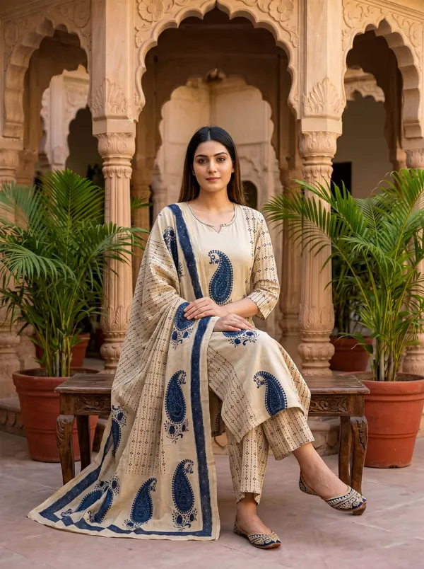 Blue_And_Beige_Cotton_Premium_And_Elegant_Kurta_Set_With_Dupatta_For_Women