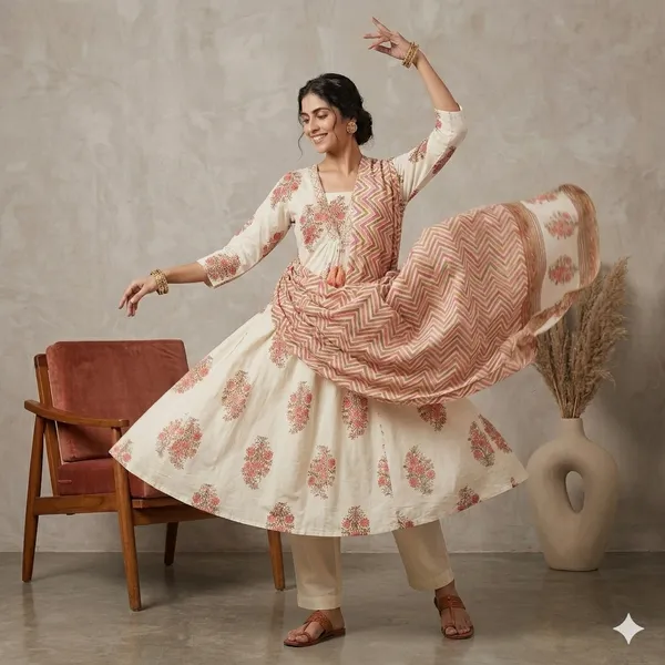 Cream_Floral_Anarkali_Kurta_Set_For_Women