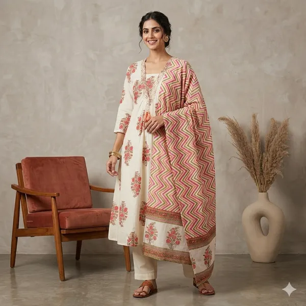 Cream_Floral_Anarkali_Kurta_Set_For_Women