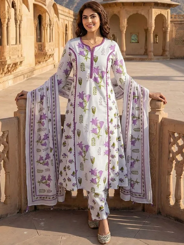 White_And_Purple_Cotton_Premium_And_Elegant_Kurta_Set_For_Women