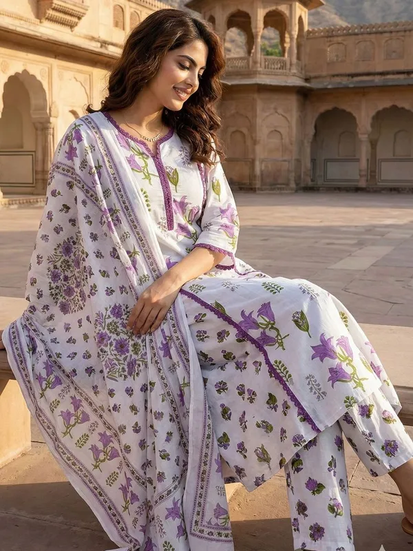 White_And_Purple_Cotton_Premium_And_Elegant_Kurta_Set_For_Women