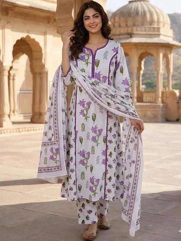 White_And_Purple_Cotton_Premium_And_Elegant_Kurta_Set_For_Women