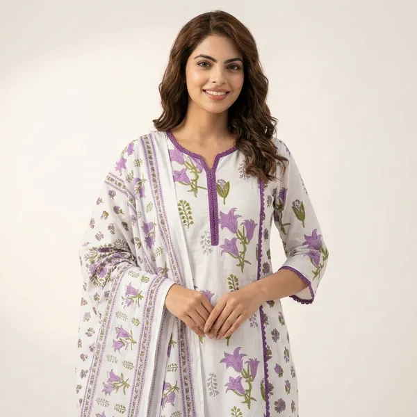 White_And_Purple_Cotton_Premium_And_Elegant_Kurta_Set_For_Women