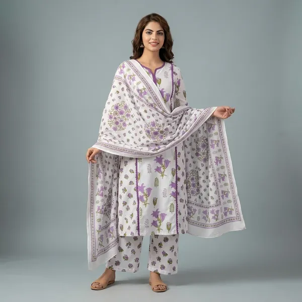 White_And_Purple_Cotton_Premium_And_Elegant_Kurta_Set_For_Women