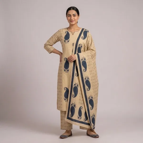 Blue_And_Beige_Cotton_Premium_And_Elegant_Kurta_Set_With_Dupatta_For_Women