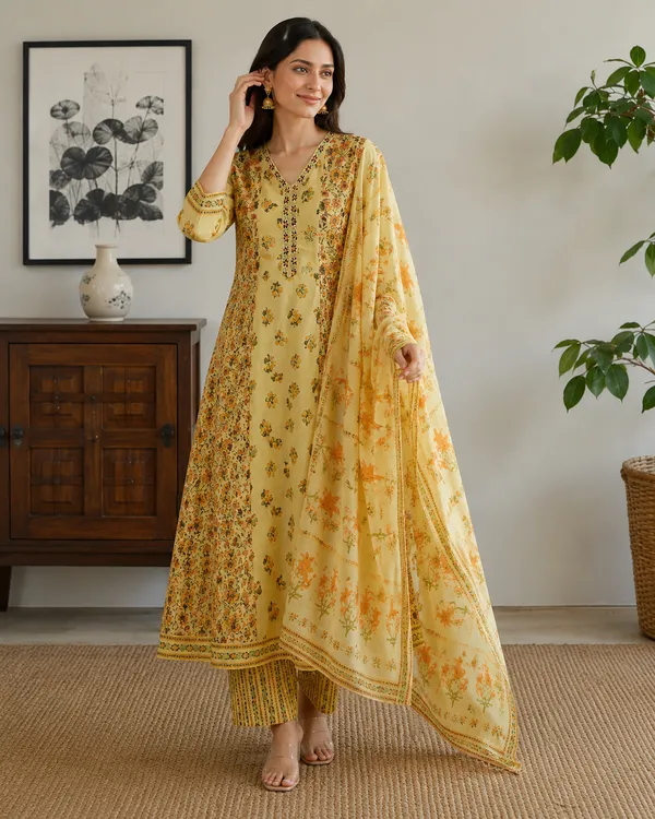 Yellow_Printed_Anarkali_Kurta_Set_For_Women