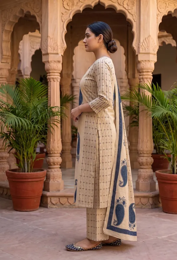 Blue_And_Beige_Cotton_Premium_And_Elegant_Kurta_Set_With_Dupatta_For_Women