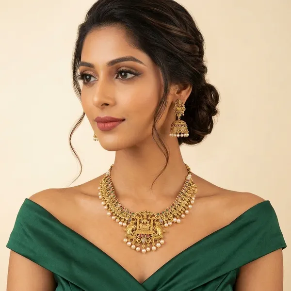 Antique_Gold-Plated_Lakshmi_&_Elephant_Motif_Temple_Jewellery_Set_with_Matching_Jhumkas.