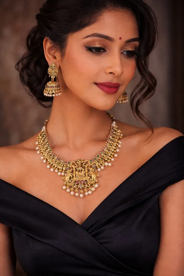 Antique_Gold-Plated_Lakshmi_&_Elephant_Motif_Temple_Jewellery_Set_with_Matching_Jhumkas.