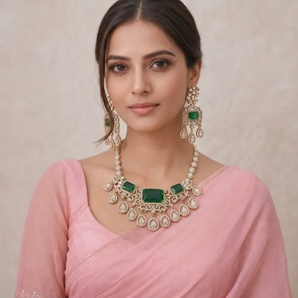 Emerald_Green_Moissanite_Polki_Necklace_Set_with_Teardrop_Dangles.