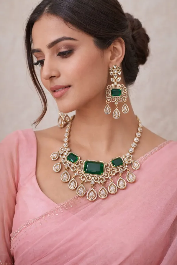 Emerald_Green_Moissanite_Polki_Necklace_Set_with_Teardrop_Dangles.