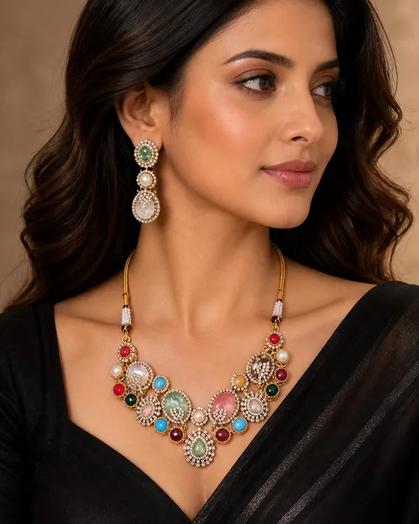 Sabyasachi_inspired_Maharani_Multi-Gemstone_Polki_Choker_Set_with_Matching_Drop_Earrings
