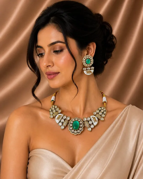 Sabhyasachi_inspired_Moissanite_Kundan_Ocean_green_&_Polki_"Royal_Tiger"_Set