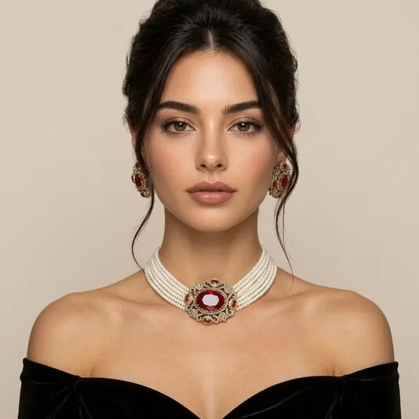 Red_Gemstone_Pearl_Choker_Necklace_&_Earrings_Set_(Moissanite_with_Russian_doublet)