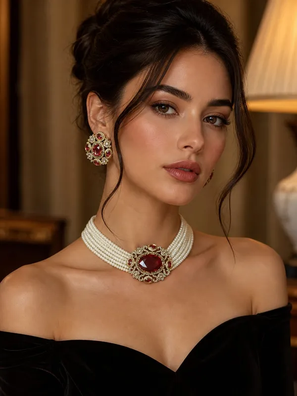 Red_Gemstone_Pearl_Choker_Necklace_&_Earrings_Set_(Moissanite_with_Russian_doublet)