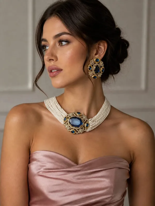 Blue_Gemstone_Pearl_Choker_Necklace_&_Earrings_Set_(Moissanite_with_Russian_doublet)