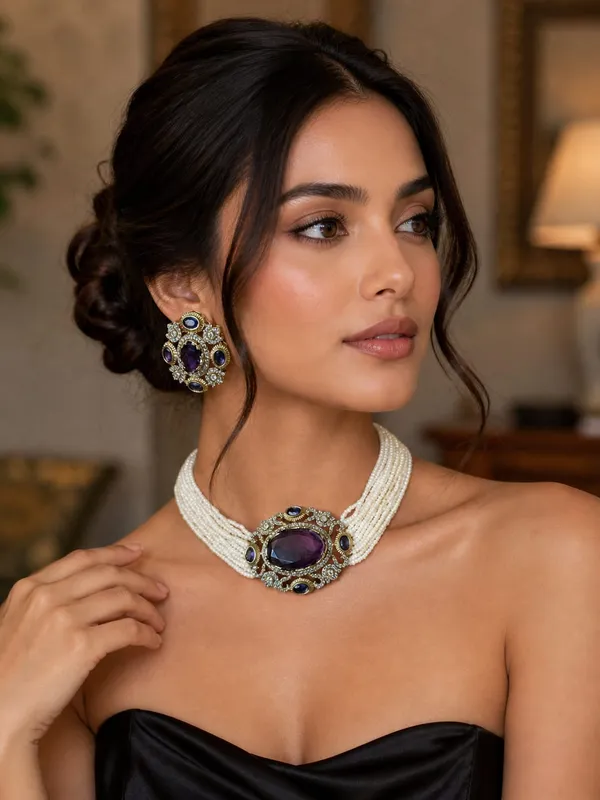 Rich_Purple_Gemstone_Pearl_Choker_Necklace_&_Earrings_Set_(Moissanite_with_Russian_doublet)
