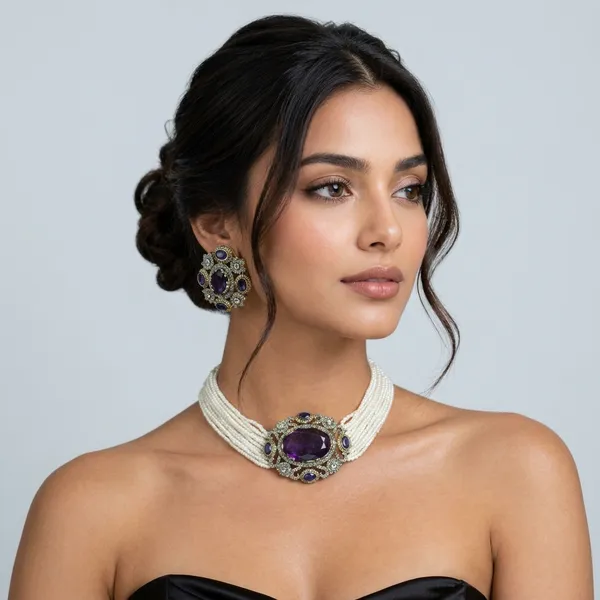 Rich_Purple_Gemstone_Pearl_Choker_Necklace_&_Earrings_Set_(Moissanite_with_Russian_doublet)