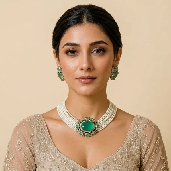 Green_Gemstone_Pearl_Choker_Necklace_&_Earrings_Set_(Moissanite_with_Russian_doublet)