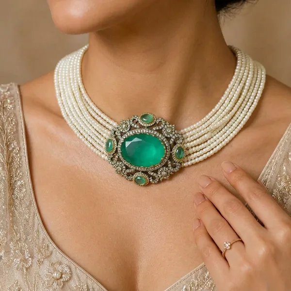 Green_Gemstone_Pearl_Choker_Necklace_&_Earrings_Set_(Moissanite_with_Russian_doublet)
