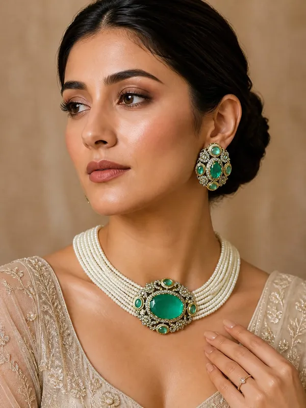 Green_Gemstone_Pearl_Choker_Necklace_&_Earrings_Set_(Moissanite_with_Russian_doublet)