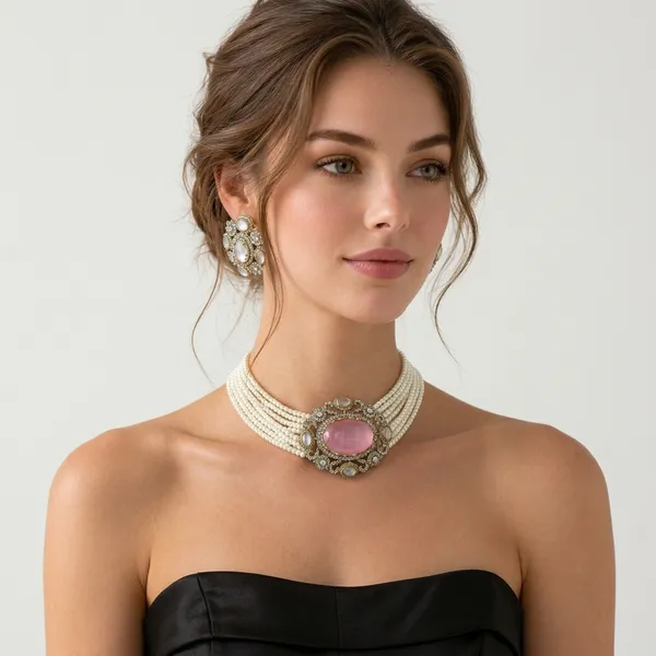 Pink_Gemstone_Pearl_Choker_Necklace_&_Earrings_Set_(Moissanite_with_Russian_doublet)