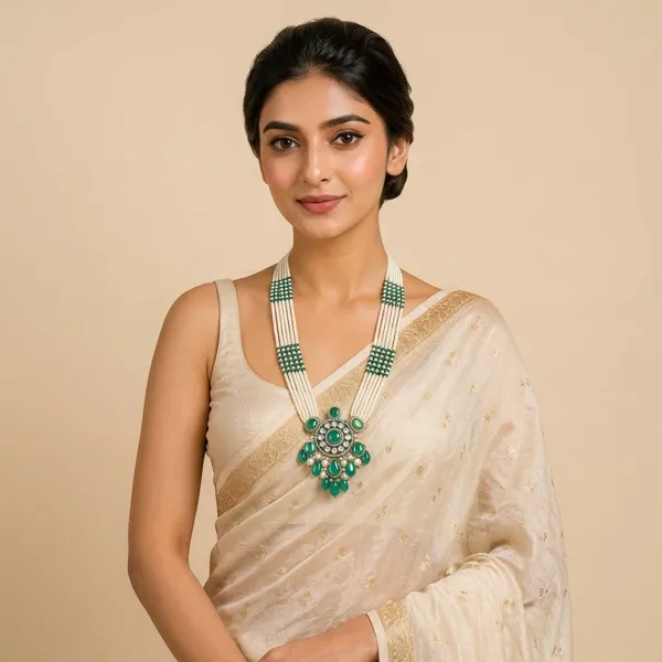 Sabyasachi_inspired_royal_family_Green_Gemstone_&_Pearl_Pendant_Rani_Har_(Moissanite_Kundan_with_doublet_stones_pearls)