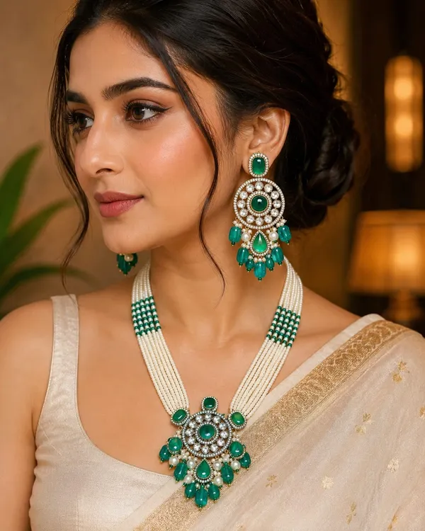 Sabyasachi_inspired_royal_family_Green_Gemstone_&_Pearl_Pendant_Rani_Har_(Moissanite_Kundan_with_doublet_stones_pearls)