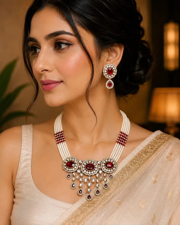 Sabyasachi_inspired_Red_Gemstone_&_Pearl_Drop_Necklace_Set