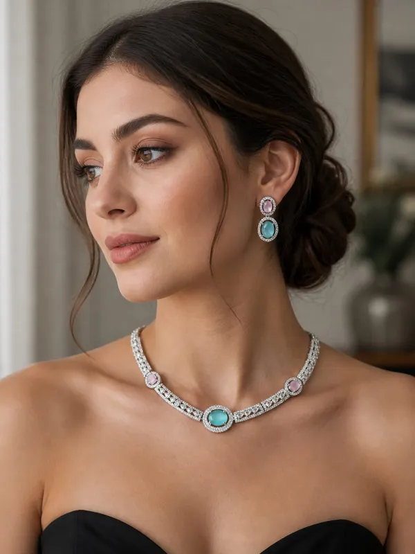 Celebrity_inspired_Turquoise_&_Pink_Gemstone_Halo_Necklace_Set