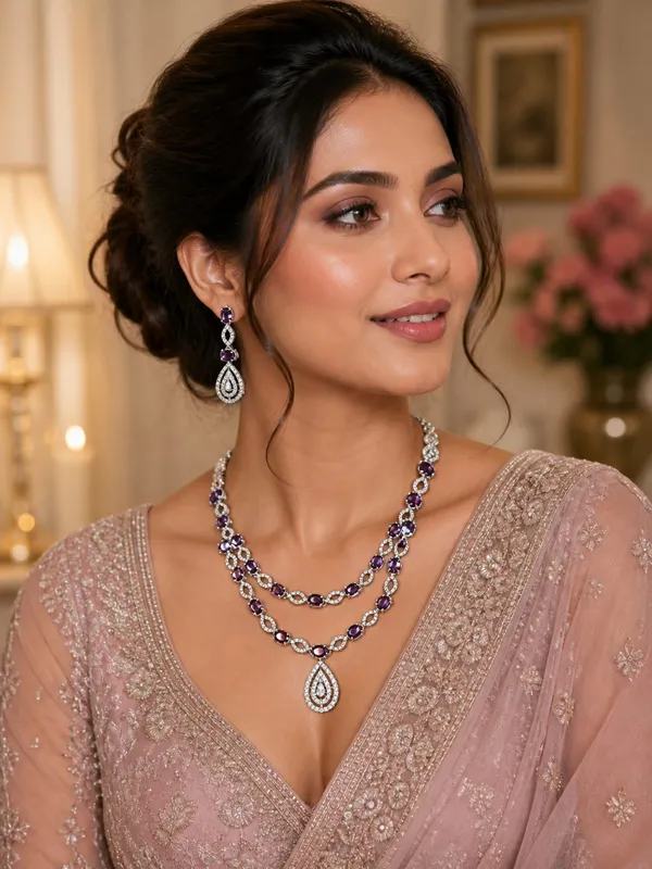 Celebrity_inspired_Purple_Gemstone_Double-Strand_Teardrop_Necklace_Set