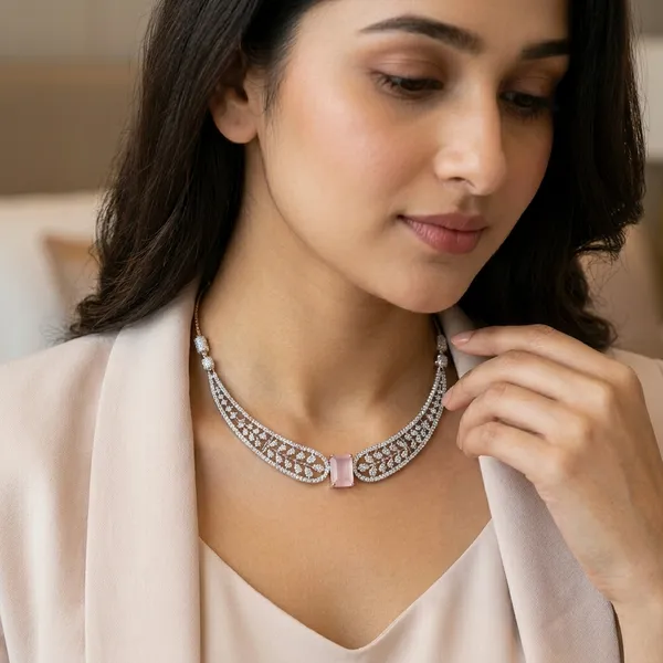 Celebrity_inspired_Pink_Gemstone_Rectangular_Pendant_Necklace_Set