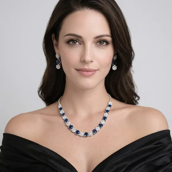 Rhodium-Plated_Electric_blue_Floral_Halo_Necklace_&_Earring_Set