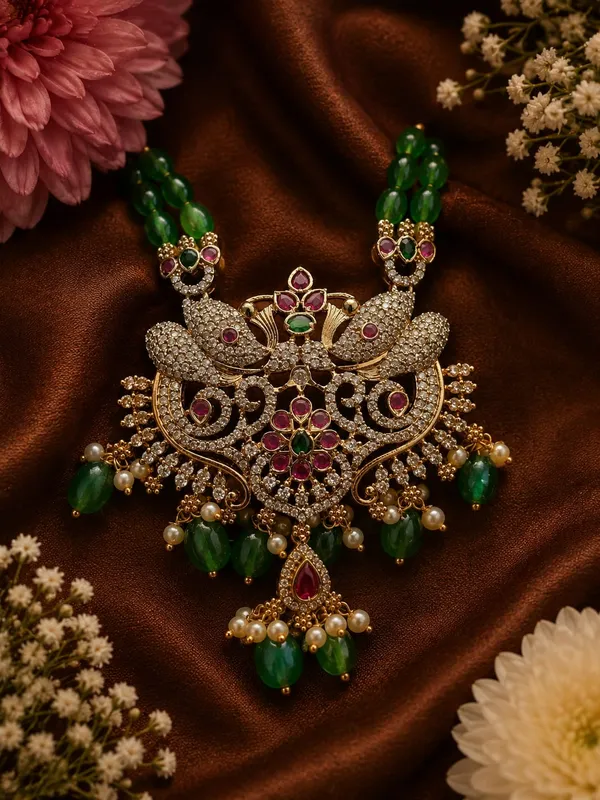 Dual-Strand_Green_Beaded_Necklace_with_Ornate_Pendant