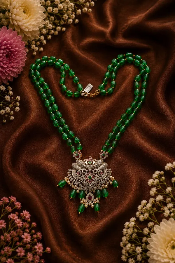 Dual-Strand_Green_Beaded_Necklace_with_Ornate_Pendant