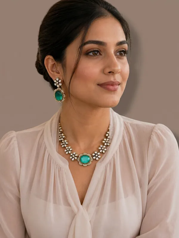 Ocean_green_Gemstone_Floral_Necklace_&_Earrings_Set_(_Kundan_with_Russian_doublet)